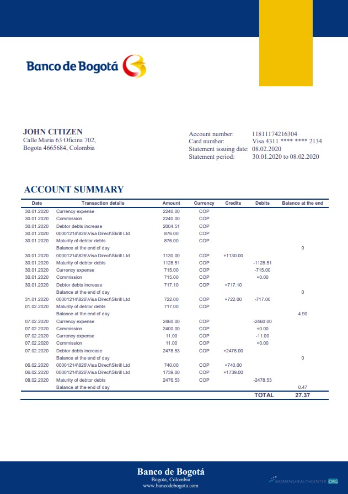 Download Colombia Banco de Bogotá bank statement excel version 2 Photoshop template